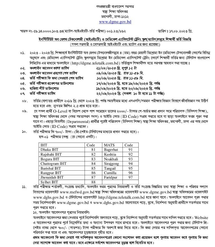 MATS IHT Admission Circular 2023-1