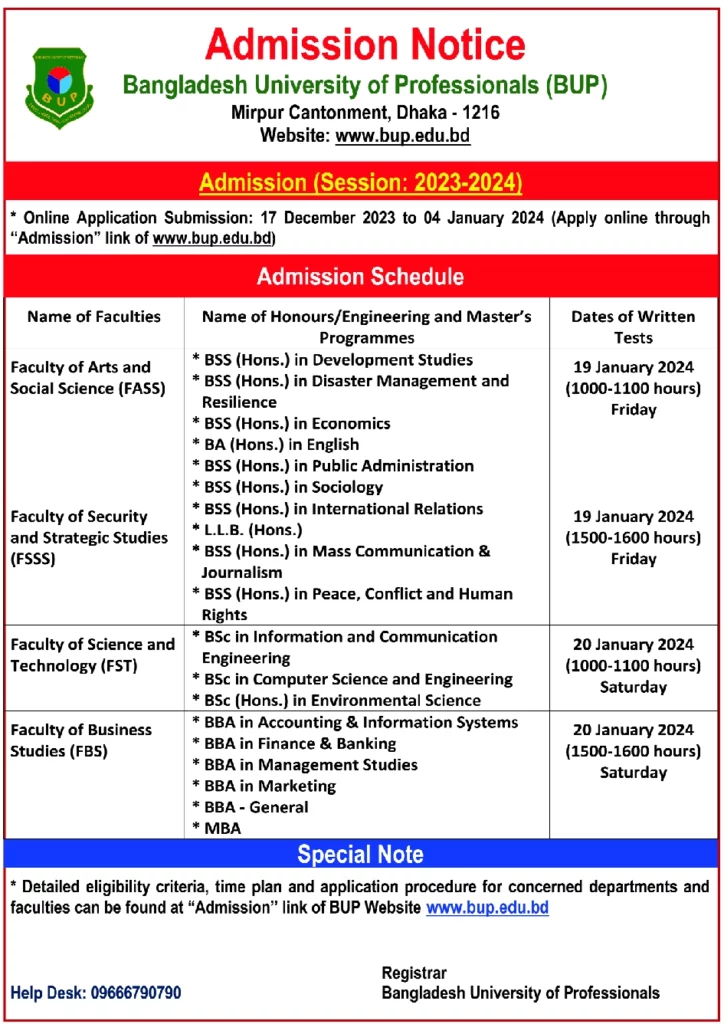 BUP Admission Circular 2024