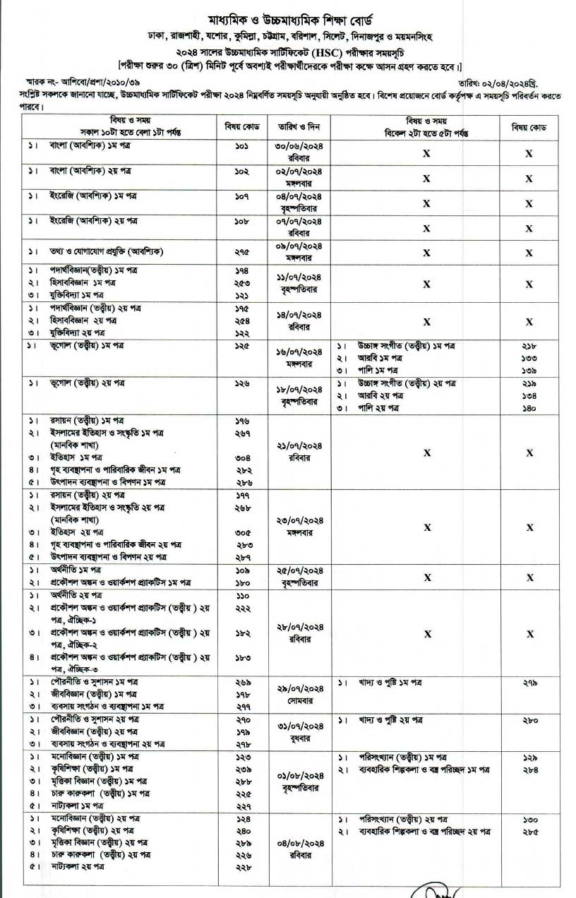 New HSC Routine 2024 PDF Download - XI Class Admission System