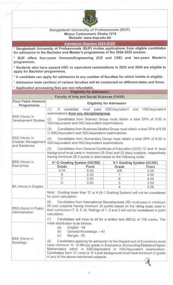 BUP Admission Circular 2025-1