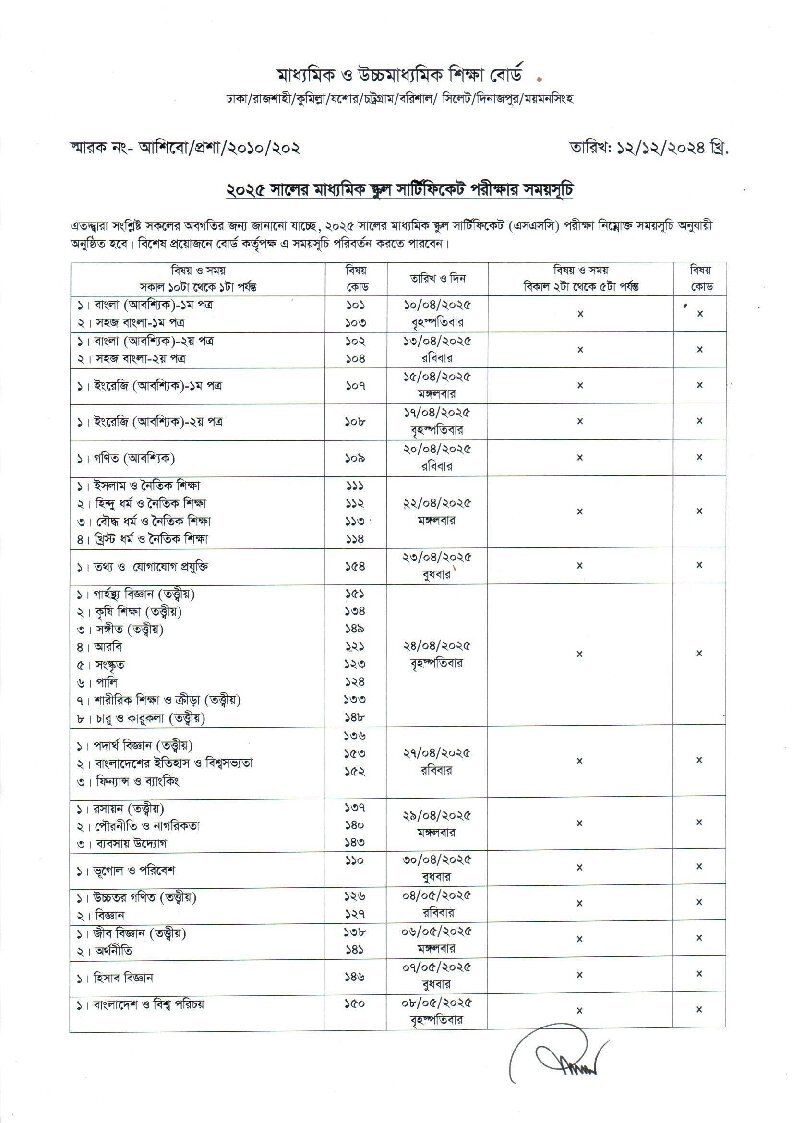 SSC Routine 2025 PDF Download All Education Board XI Class Admission