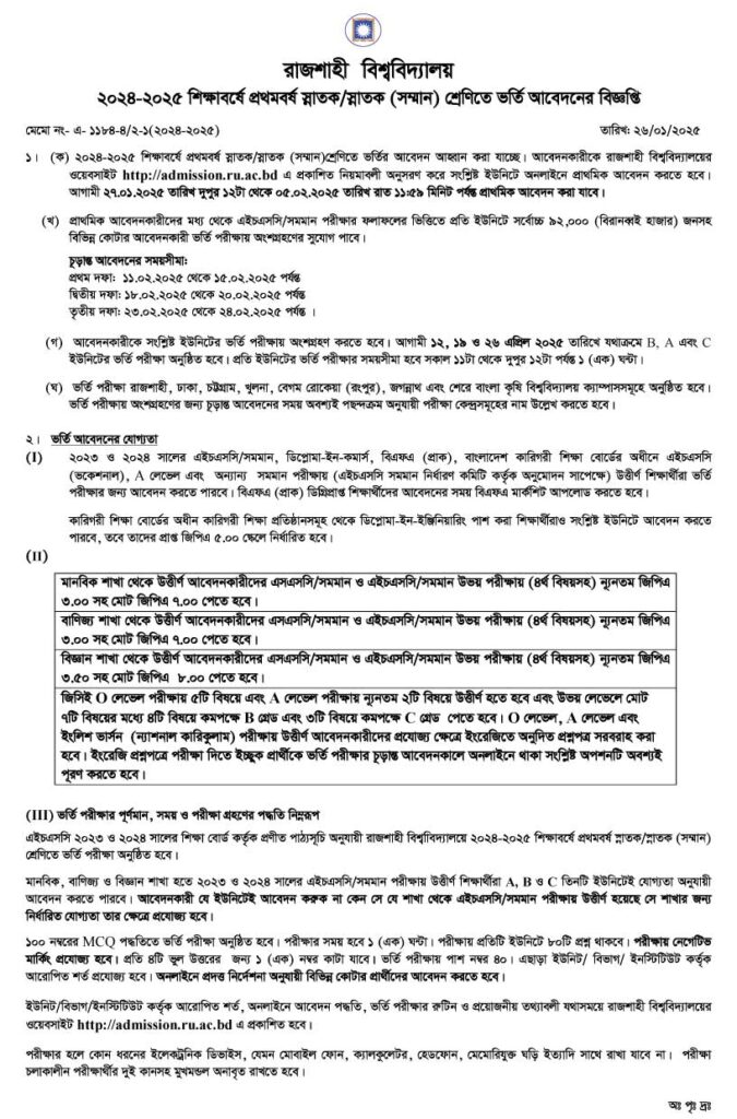 RU Admission Circular 2025-1