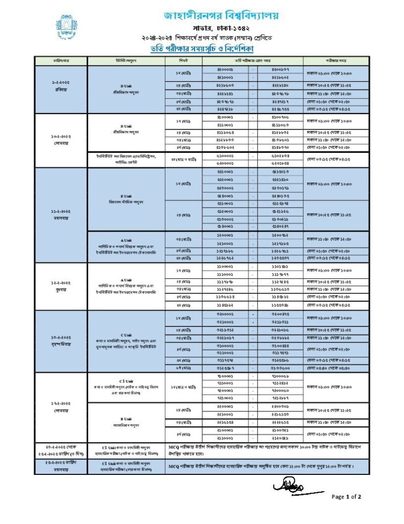 JU Admission Test Schedule 2025