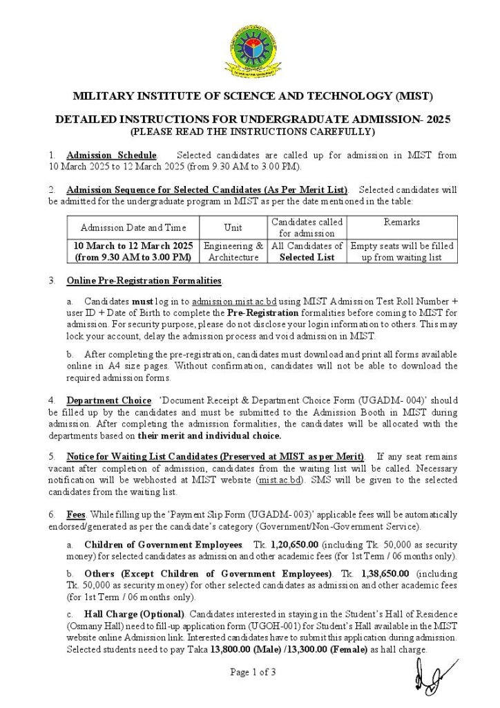 MIST Admission Result 2025